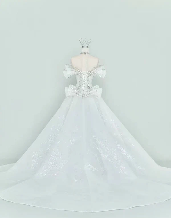 Luxury White Off-The-Shoulder Beaded Sequin Bodice Mermaid Wedding Dress With Removable Cathedral Train AE056
