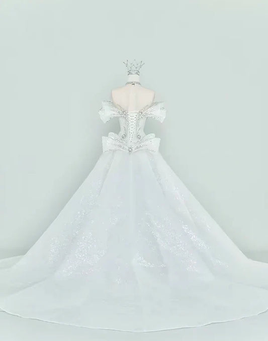 Luxury White Off-The-Shoulder Beaded Sequin Bodice Mermaid Wedding Dress With Removable Cathedral Train AE056