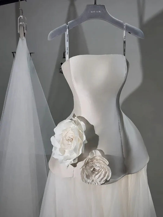 Chic Ivory Strapless A-Line Wedding Dress With 3D Floral & Sweep Train AE058