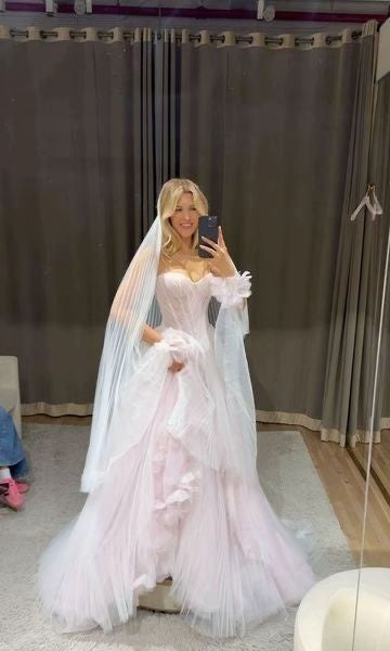 Ethereal Blush Sweetheart Neck Pleated Tulle Blush A-Line Wedding Dress With 3D Petals & Chapel Train AE064