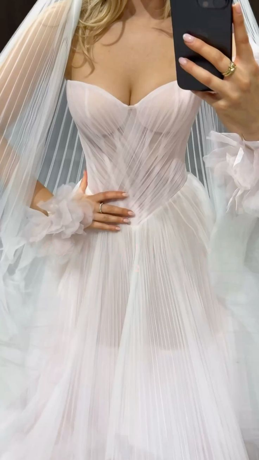 Ethereal Blush Sweetheart Neck Pleated Tulle Blush A-Line Wedding Dress With 3D Petals & Chapel Train AE064
