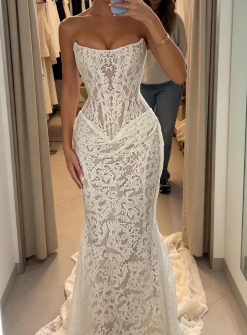 Vintage White Strapless Allover Floral Lace Mermaid Wedding Dress With Chapel Train AE067