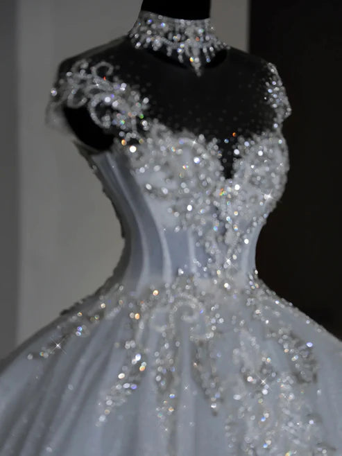 Luxury Silver High Neck Illusion Sweetheart Rhinestone Glitter Tulle Ball Gown Wedding Dress & Cathedral Train AE068