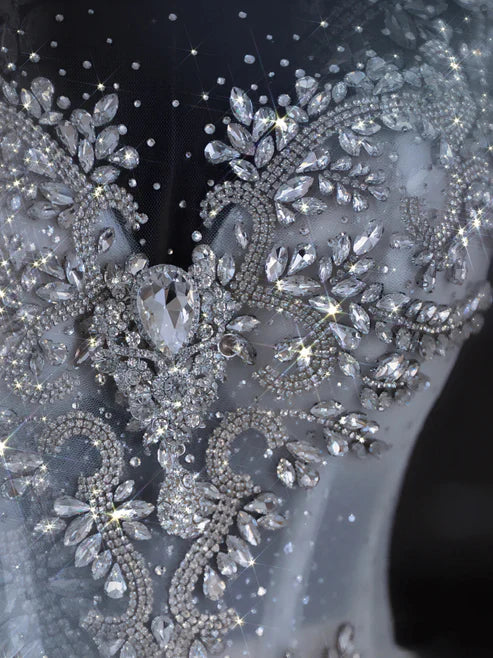 Luxury Silver High Neck Illusion Sweetheart Rhinestone Glitter Tulle Ball Gown Wedding Dress & Cathedral Train AE068