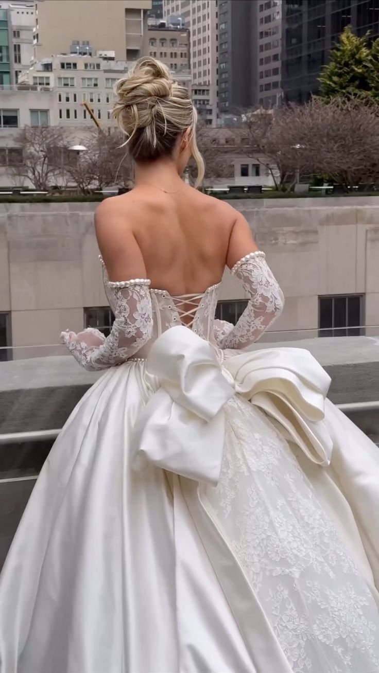 Luxury Ivory Pearl Trim Strapless Lace-Up Corset Back Satin Lace Ball Gown Wedding Dress With Oversized Back Bow & Cathedral Train AE070