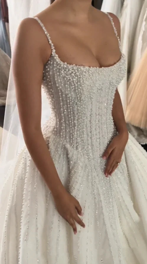 Luxury White Vertical Pearl Beaded Spaghetti Strap Square Neck A-Line Wedding Dress & Chapel Train AE071