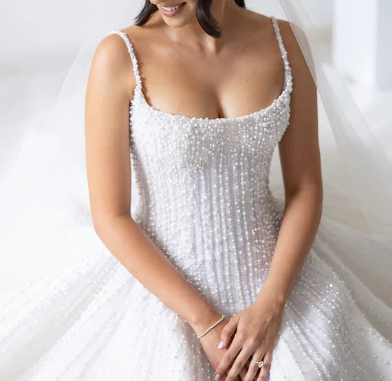 Luxury White Vertical Pearl Beaded Spaghetti Strap Square Neck A-Line Wedding Dress & Chapel Train AE071