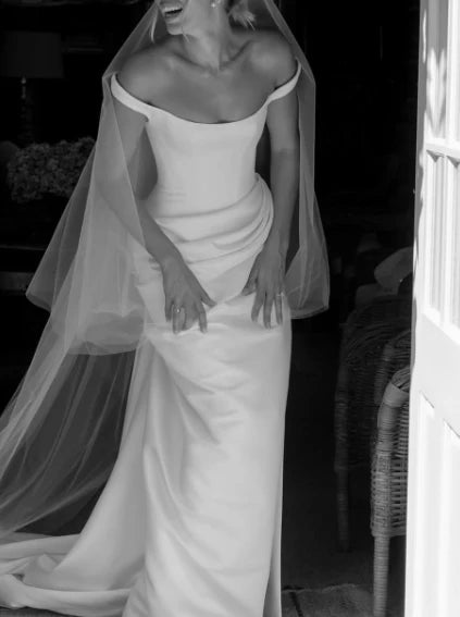 Classic White Off Shoulder Clean Line Draped Detail Satin Mermaid Wedding Dress With Sweep Train AE075