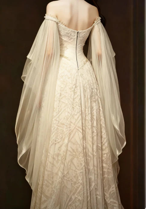 Ethereal Off Shoulder Chiffon Cape Sleeve Soft Champagne Lace A-Line Wedding Dress With Sweep Train AE077