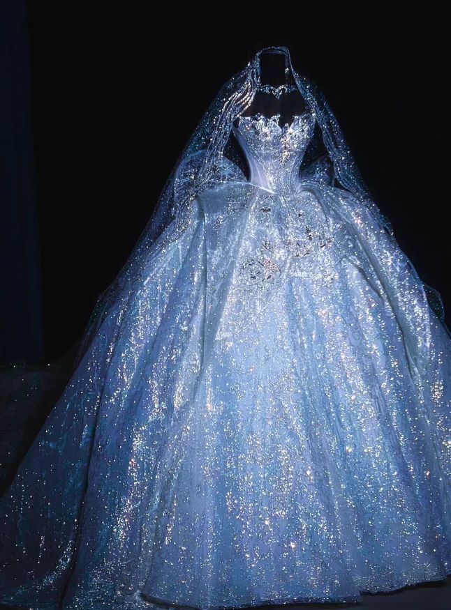 Luxury Starry Sparkle Blue Rhinestone Beaded Strapless Corset Bodice Tulle Ball Gown Wedding Dress AE078