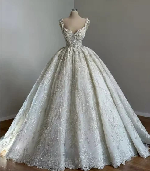 Regal Ivory Sweetheart Straps Beaded Sequin Ball Gown Wedding Dress AE084