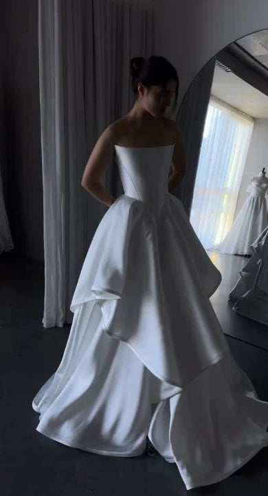 Elegant White Strapless Satin Multi-Layer Ruffle A-Line Wedding Dress With Chapel Train AE087