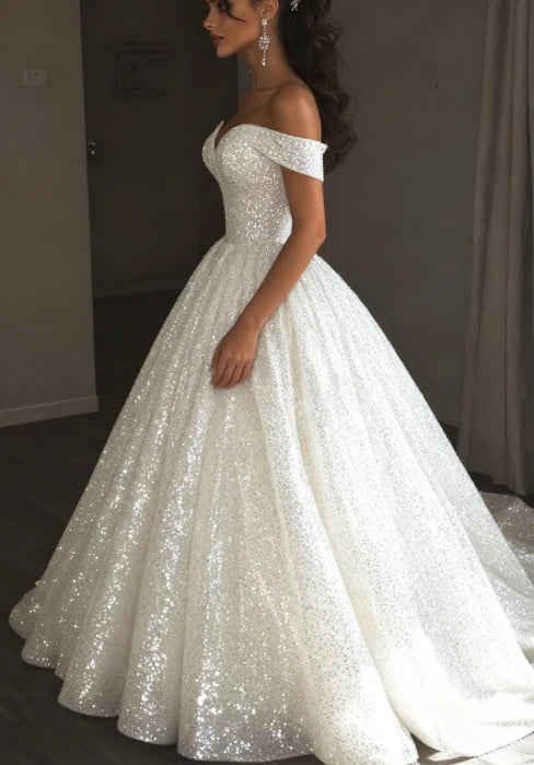 Glamorous Sparkling White Off The Shoulder Full Sequin Ball Gown Wedding Dress With Cathedral Train AE090