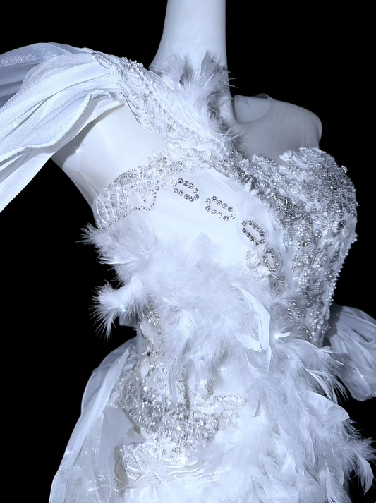 Whimsical White Feather & Beaded Mermaid Tulle Wedding Dress With Asymmetric One-Shoulder AE097