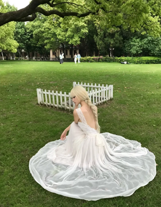 Romantic White Lace Straps Corset A-Line Long Wedding Dress With Low Open Back And Flowing Tulle Skirt AE099