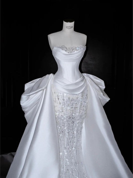 Regal Strapless Ivory Satin & Beaded Lace Mermaid Wedding Dress With Detachable Overskirt And Chapel Train AE106