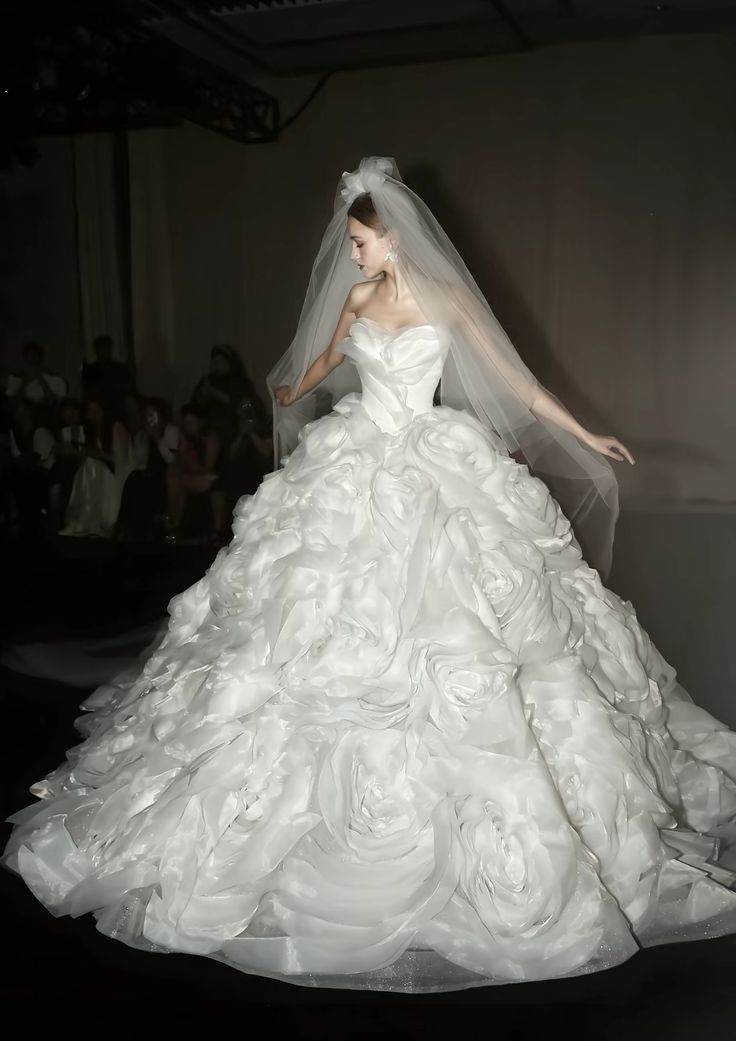 Whimsical White Strapless 3D Rose Ball Gown Wedding Dress With Chapel Train AE112