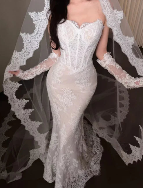 Graceful Ivory Sweatheart Neck Lace Mermaid Wedding Dress With Sweep Train AE121