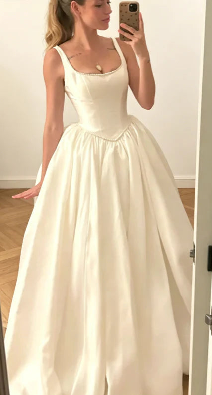 Classic Ivory Square Neck Straps Satin Ball Gown Wedding Dress With Pearl Trim AE125
