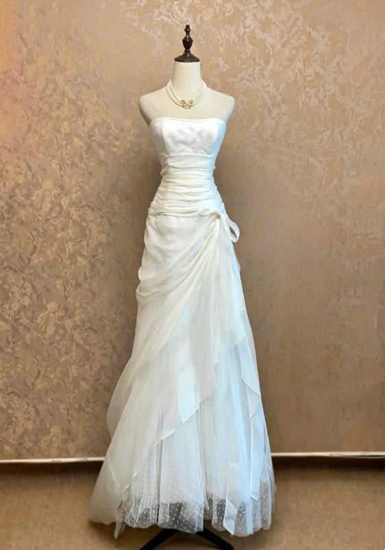 Chic White Strapless Ruched Bodice Side Satin Bow Tulle Mermaid Long Wedding Dress AE163