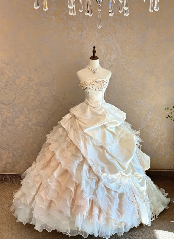Gorgeous Ivory Strapless Beaded Corset Satin Multi-Tier Ruffled Organza Ballgown Wedding Dress With Chapel Train AE169