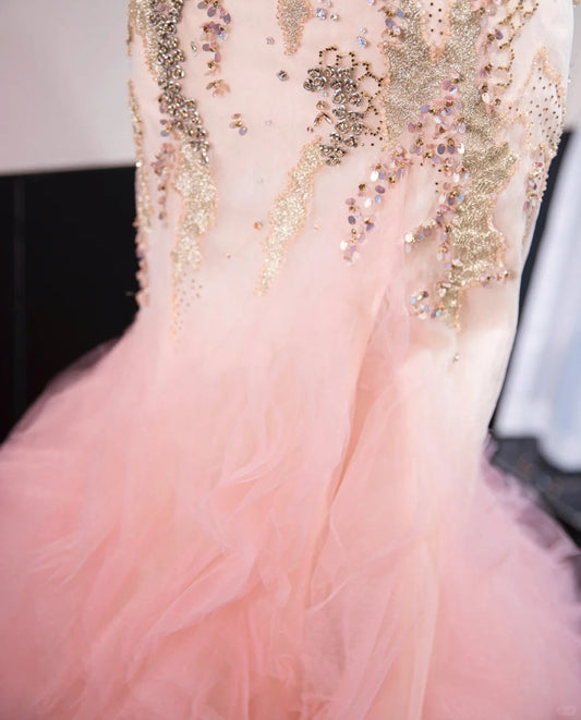 Chic Cascade Tulle Hem Pink Mermaid Dress Sweet 16 Beading Strapless Prom Dress AP1042