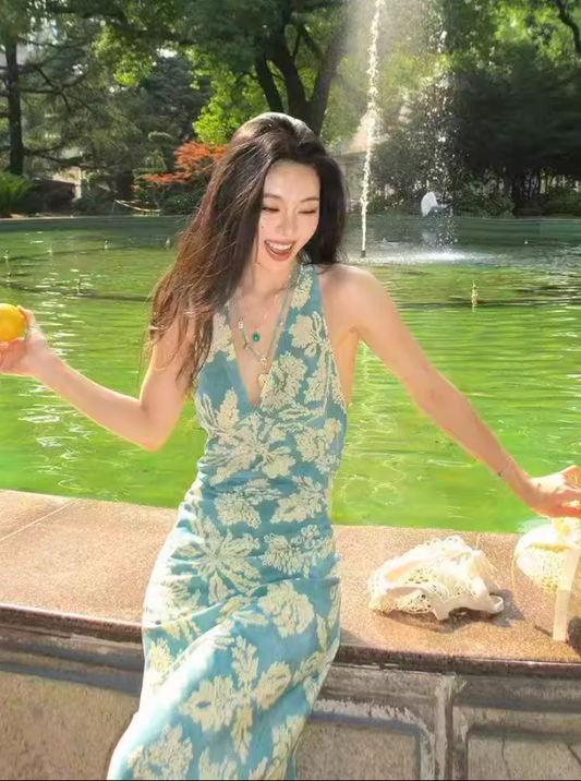 Bohemian Flowy Summer V-Neck Maxi Dress Soft Fabric Backless Floral Printed Halter Dress AP1089