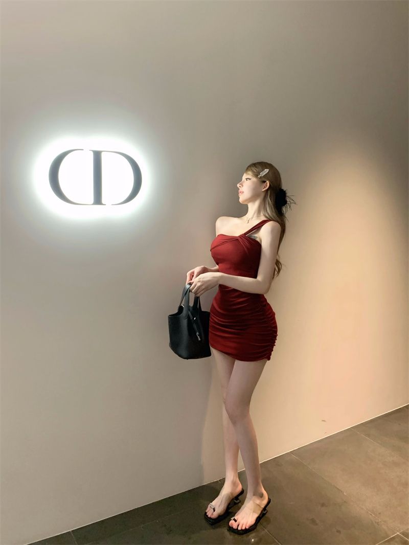 One Shoulder Sleeveless Asymmetrical Strap Bodycon Sexy Short Dress AP0268