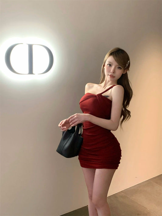 One Shoulder Sleeveless Asymmetrical Strap Bodycon Sexy Short Dress AP0268