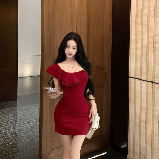 Ruffles Retro Asymmetrical Strap One Shoulder Dress Bodycon Short Dress AP0289