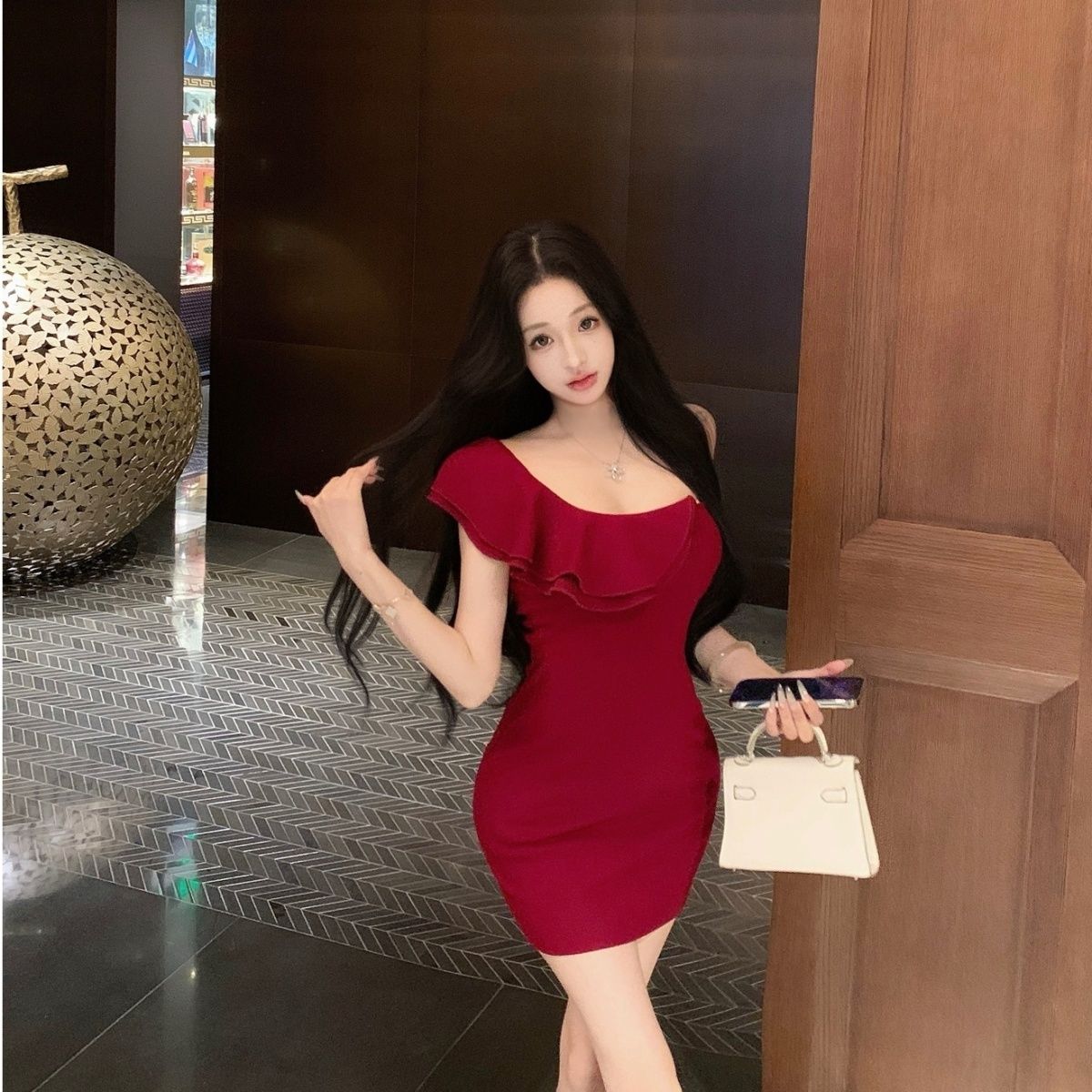 Ruffles Retro Asymmetrical Strap One Shoulder Dress Bodycon Short Dress AP0289