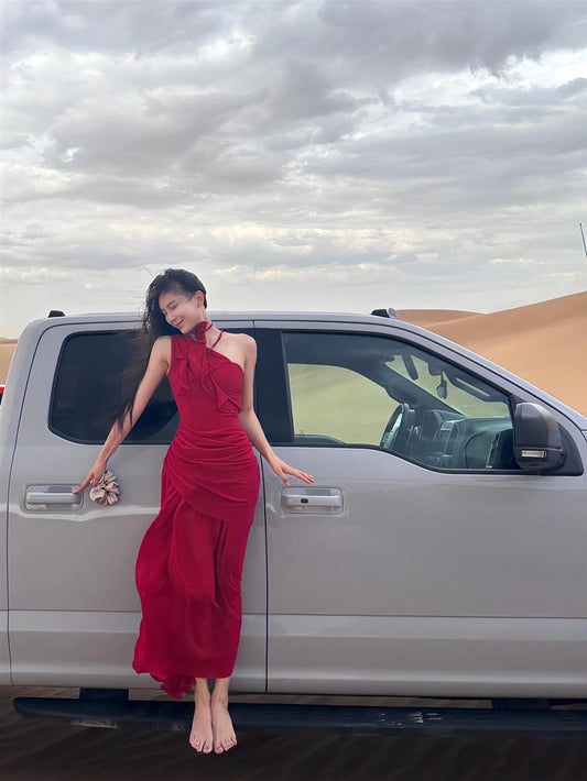 2025 New Stylish Rose Shape Ornament High-Waisted Elegant One Shoulder Strap Long Dress AP0291