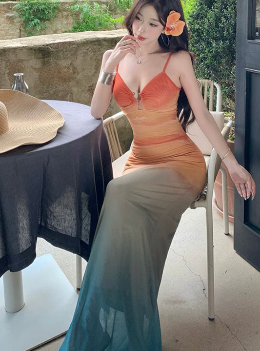 Stylish Flowy Vacation Sundress Spaghetti Strap Tropical Style Seaside Holiday Long Dress AP0292