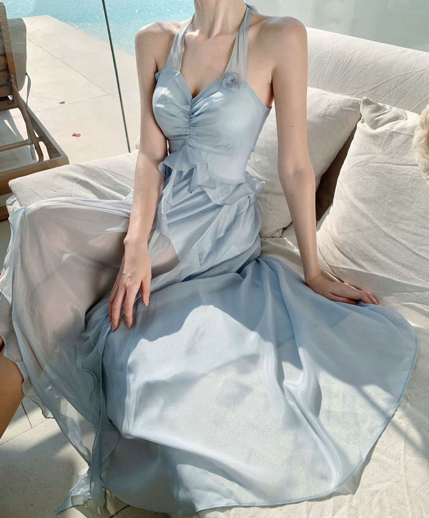 Summer Flowy Beach Vacation Lightweight Dress Backless Ruffles Halter Dress AP0299