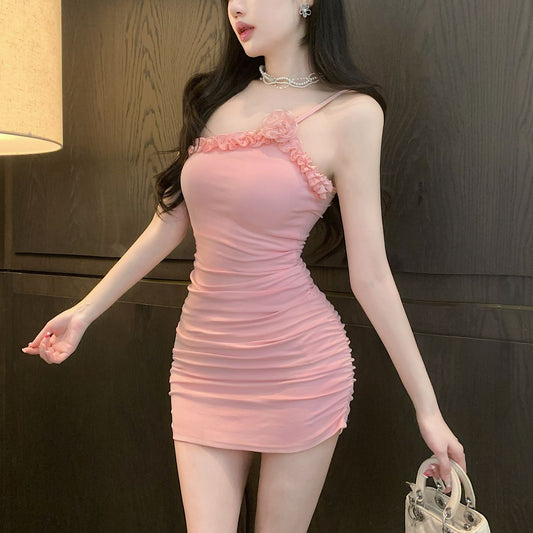Charming Sheath Flouncing One Shoulder Spaghetti Strap Cute Bodycon Short Dress AP0310