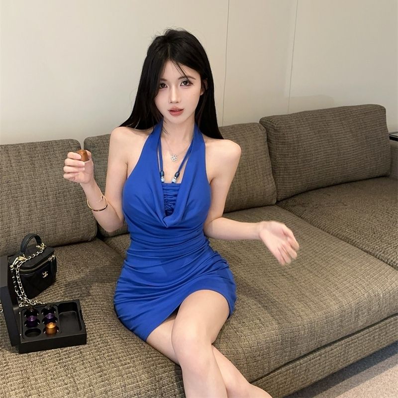 Gen Z Style Sleeveless Mini Skirt Stretchy Fabric Bodycon Seductive Halter Short Dress AP0318