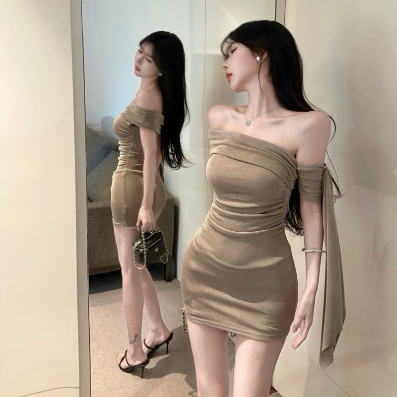 Novelty Off-Shoulder Asymmetric Strap Hip-Hugging Dress Bizarre DesignBodycon Short Dress AP0331