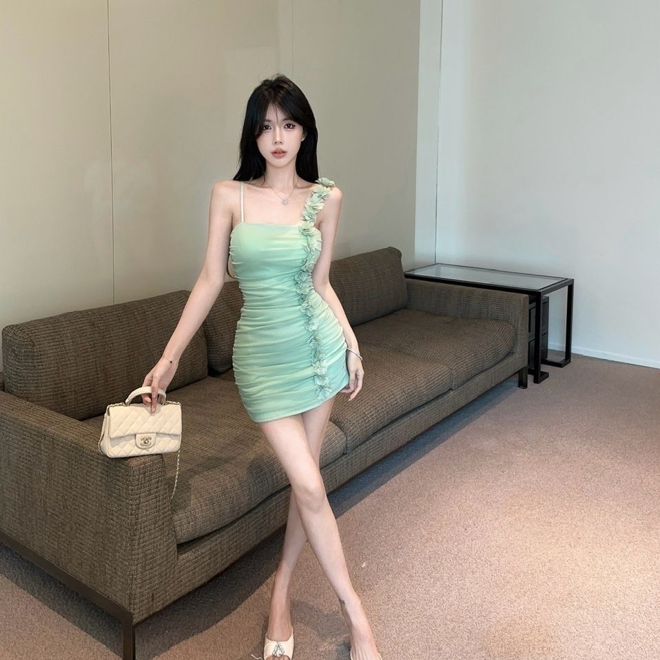 Applique Spaghetti Strap Glamour Summer Skirt Sleeveless Alluring Sheath Short Dress AP0335