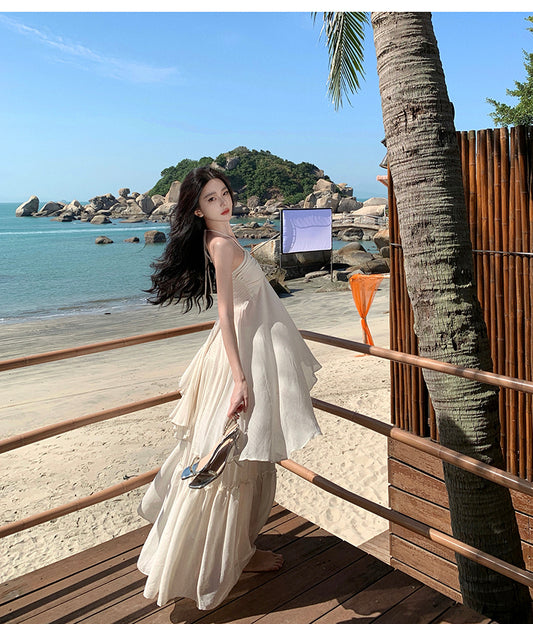 Travel Flowy Dress with Sweetheart Neck Ruffled Edge Variable Strap Halter Dress AP0344