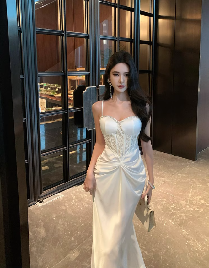 Feast Waist-Cinching Elegant Dress Sweetheart Neck Spaghetti Strap Party Long Dress AP0346