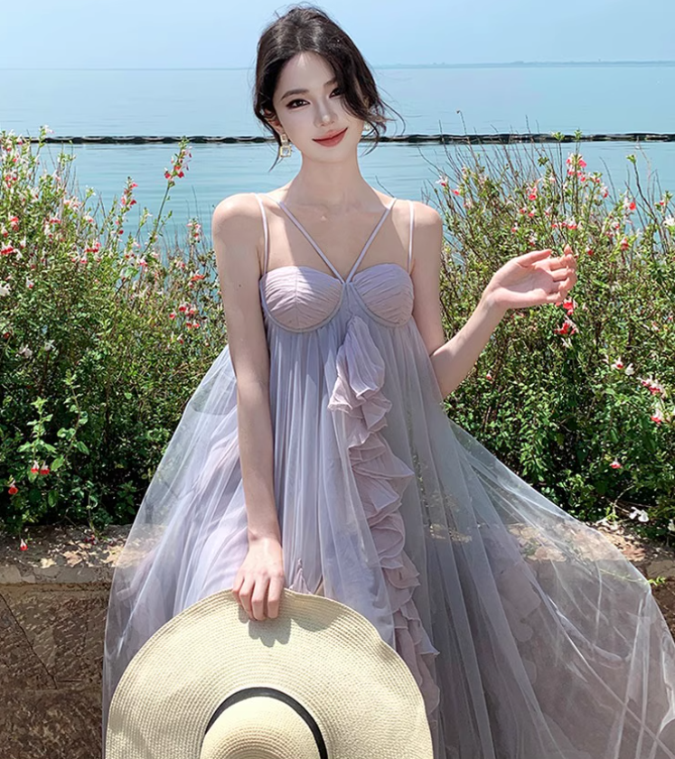 Double Layer Flowy Party Oversize Ruffled Dress Voile Trimmed Spaghetti Strap Long Dress AP0348