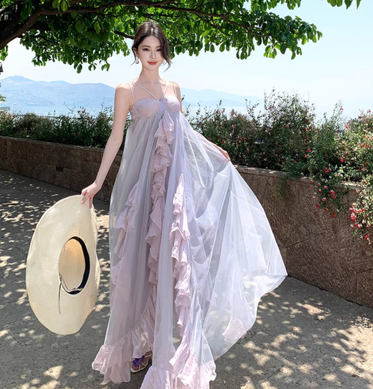 Double Layer Flowy Party Oversize Ruffled Dress Voile Trimmed Spaghetti Strap Long Dress AP0348