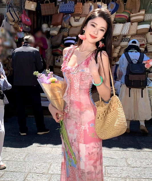 Floral print Elegant Vacation Dress Ruffles Neck Strap Summer A-Line Long Dress AP0349