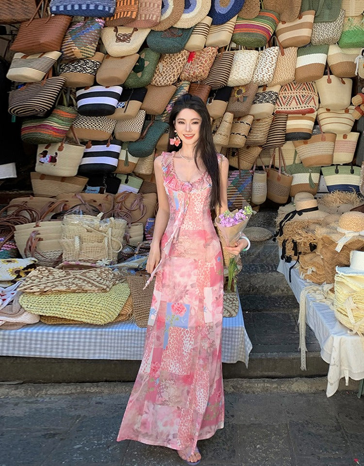 Floral print Elegant Vacation Dress Ruffles Neck Strap Summer A-Line Long Dress AP0349