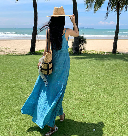 Romantic Loose Fit Flowy Dress Spaghetti Strap Summer Vacation Long Dress AP0353
