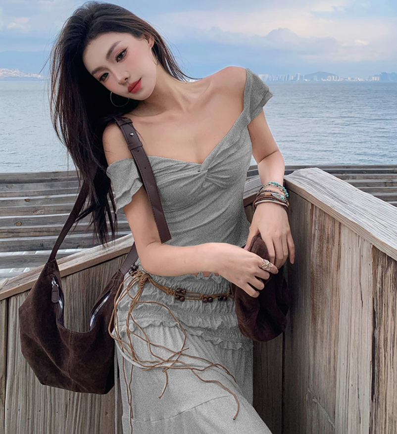 Hot Girl Open Waist Two Piece Set Dress Off-Shoulder Suit Party Outfit Long Dress AP0354