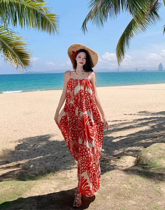 Loose Fit Flowy Floral Print Dress Spaghetti Strap Romantic Summer Long Dress AP0357