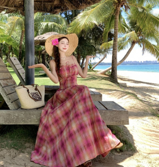 Vintage Retro Loose Fit Flowy Midi Dress Spaghetti Strap Vibrant Long Dress AP0359