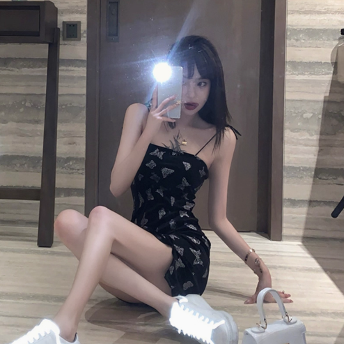 Y2K Hot Girl Butterflies Print Skirt Birthday Party Sweetheart Neck Sheath Short Dress AP0369