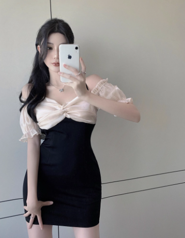 Elegant Short Sleeve Off-Shoulder Spaghetti Strap Dress Sweetheart Neck Party Bodycon Short Dress AP0373